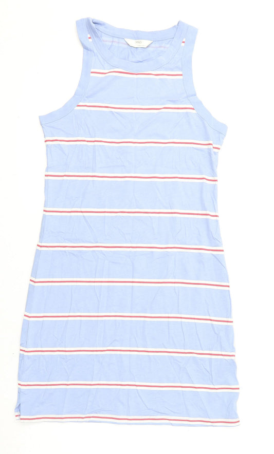 Marks and Spencer Womens Blue Striped Cotton Tank Dress Size S Round Neck Pullover