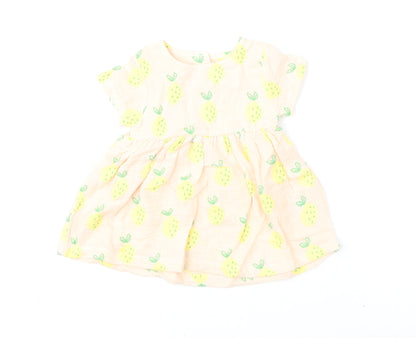 Marks and Spencer Girls Pink Geometric 100% Cotton A-Line Size 3-6 Months Round Neck Button - Lemons