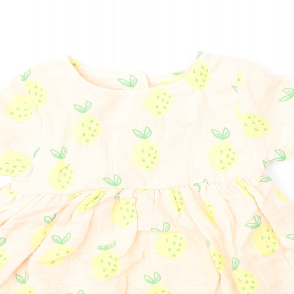Marks and Spencer Girls Pink Geometric 100% Cotton A-Line Size 3-6 Months Round Neck Button - Lemons