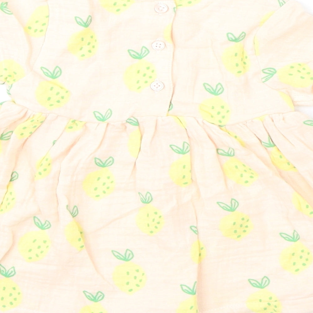 Marks and Spencer Girls Pink Geometric 100% Cotton A-Line Size 3-6 Months Round Neck Button - Lemons