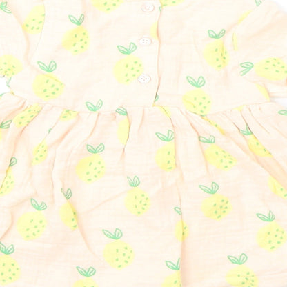 Marks and Spencer Girls Pink Geometric 100% Cotton A-Line Size 3-6 Months Round Neck Button - Lemons