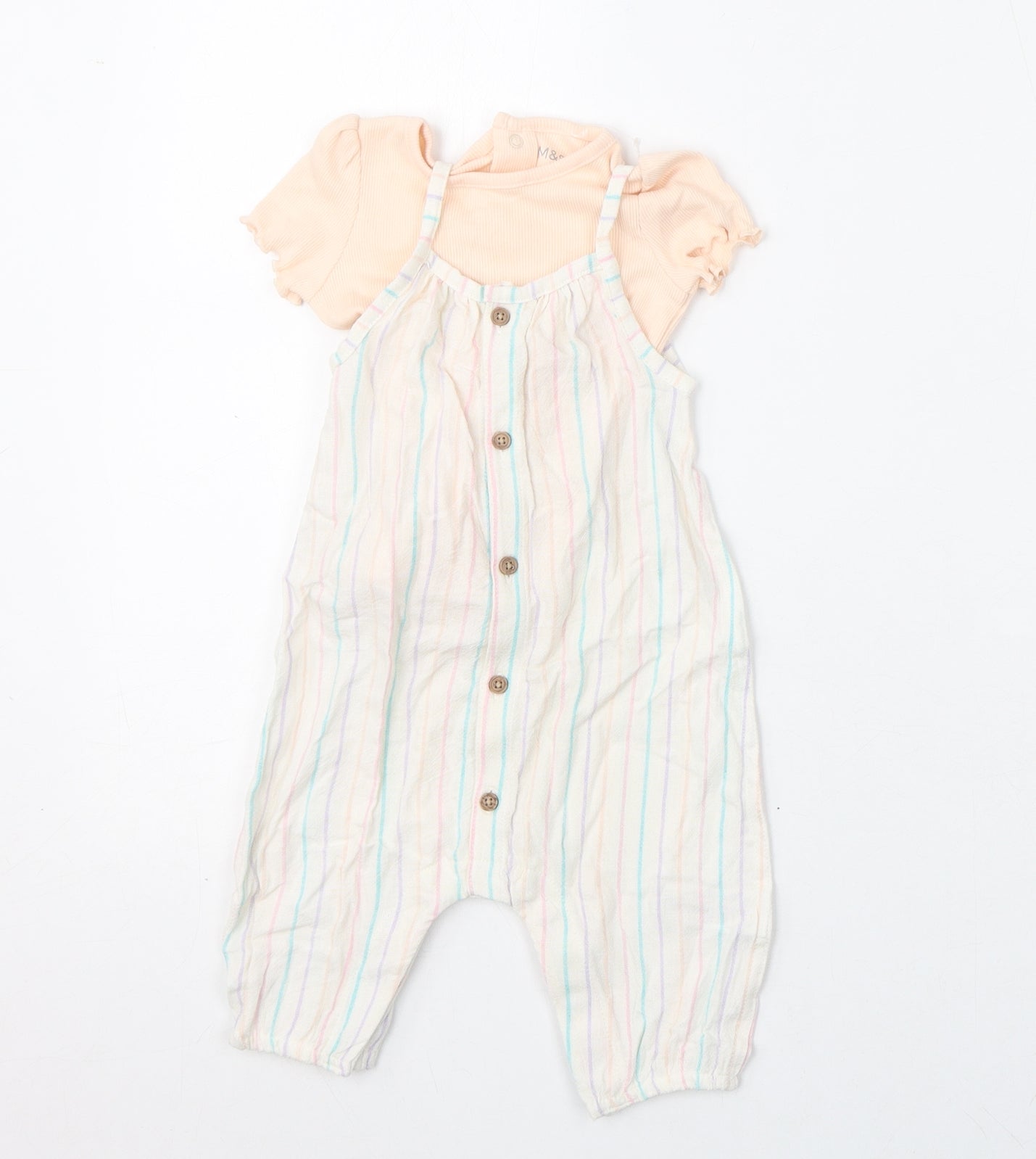 Marks and Spencer Girls Multicoloured Striped Viscose Romper Outfit/Set Size 3-6 Months Snap