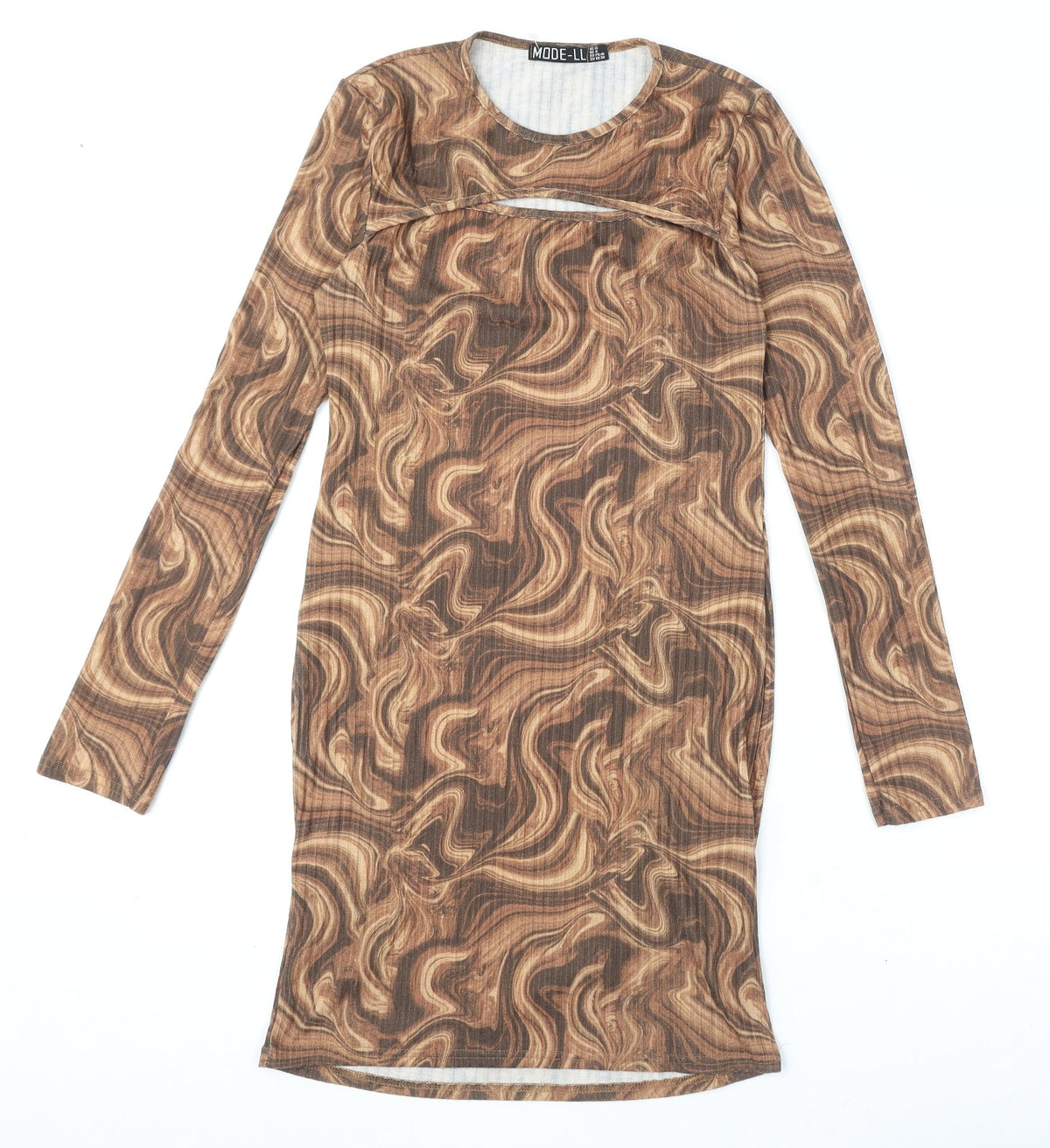 MODE-LL Womens Brown Geometric Polyester Bodycon Size 12 Round Neck Pullover - Swirl Pattern