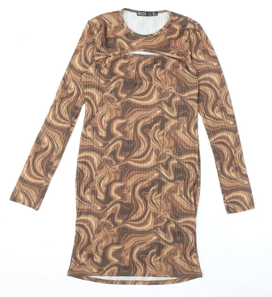 MODE-LL Womens Brown Geometric Polyester Bodycon Size 12 Round Neck Pullover - Swirl Pattern