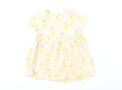 Marks and Spencer Girls Pink Geometric Cotton A-Line Size 3-6 Months Round Neck Button - Lemons
