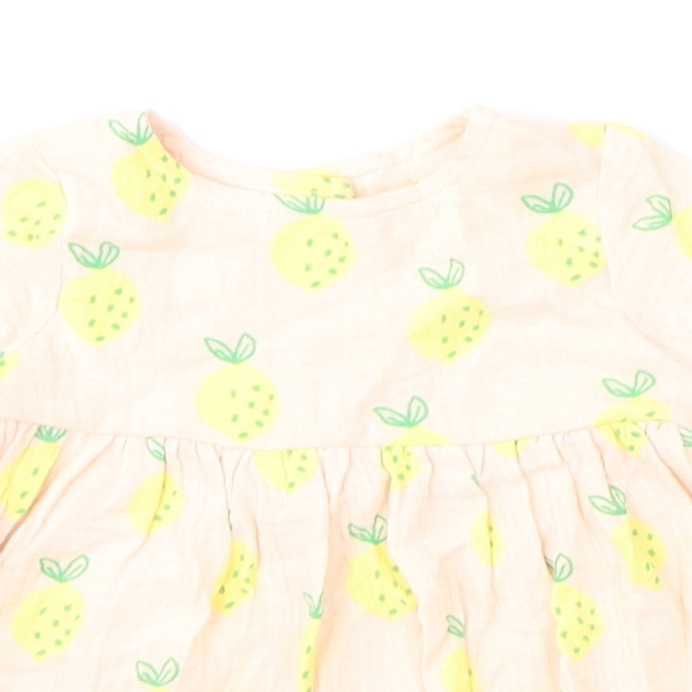 Marks and Spencer Girls Pink Geometric Cotton A-Line Size 3-6 Months Round Neck Button - Lemons