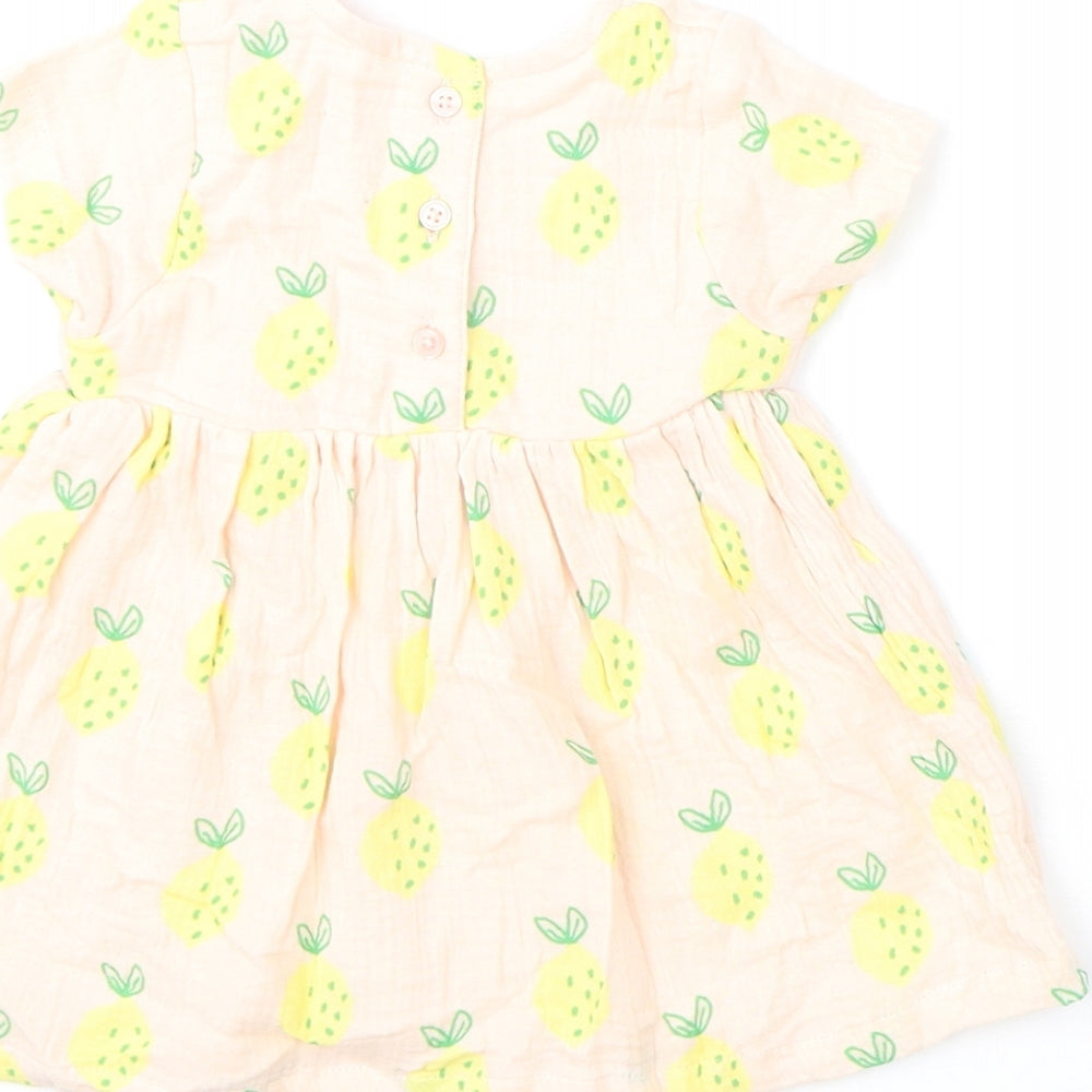 Marks and Spencer Girls Pink Geometric Cotton A-Line Size 3-6 Months Round Neck Button - Lemons