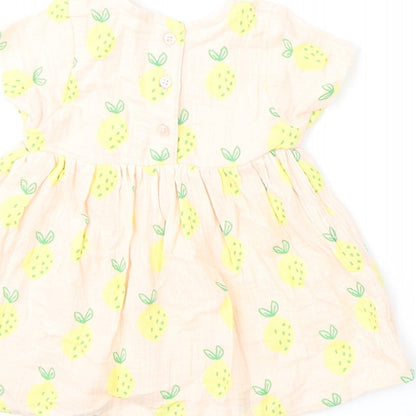 Marks and Spencer Girls Pink Geometric Cotton A-Line Size 3-6 Months Round Neck Button - Lemons