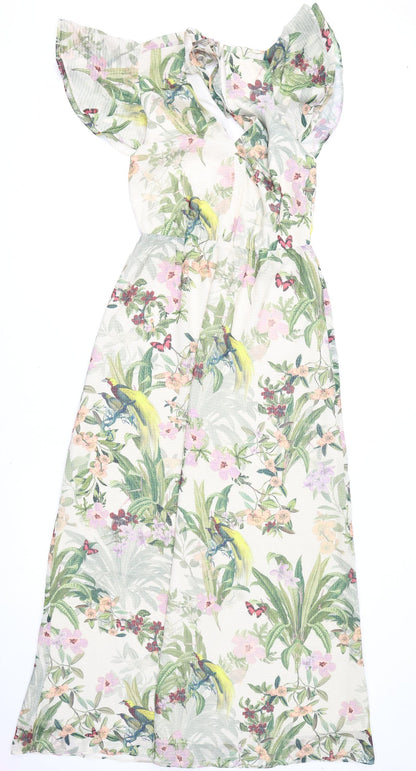 H&M Womens Multicoloured Floral Polyester A-Line Size 8 V-Neck Tie