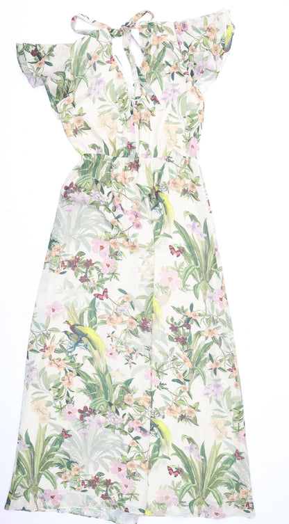 H&M Womens Multicoloured Floral Polyester A-Line Size 8 V-Neck Tie