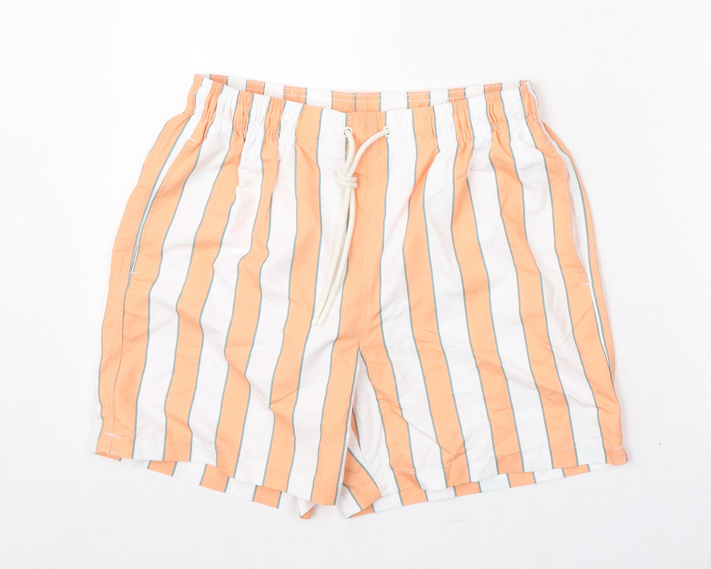 Marks and Spencer Mens Orange Striped Polyester Bermuda Shorts Size S L6 in Regular Drawstring - Swim Shorts