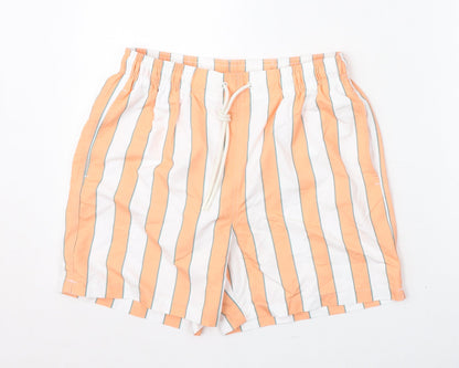 Marks and Spencer Mens Orange Striped Polyester Bermuda Shorts Size S L6 in Regular Drawstring - Swim Shorts