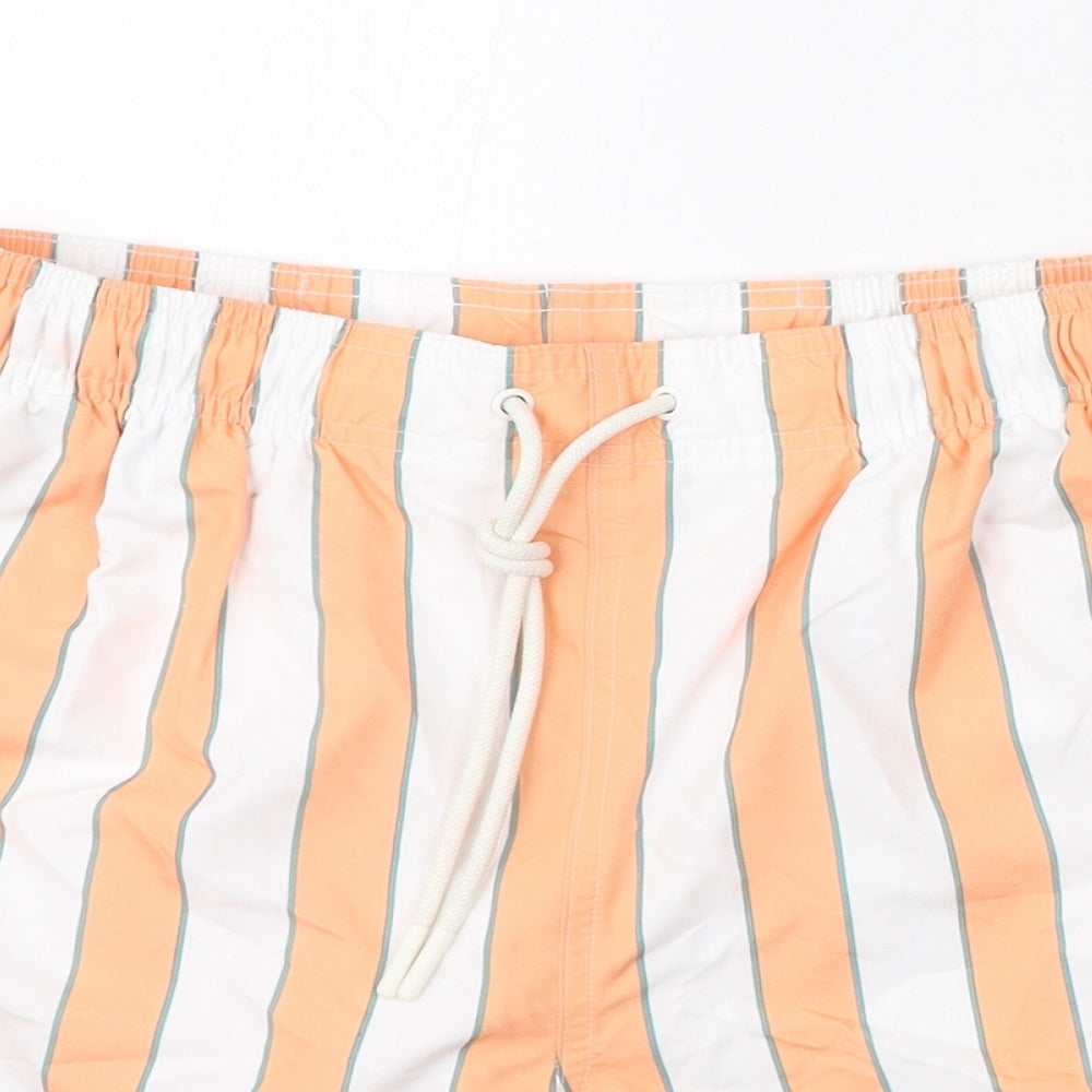 Marks and Spencer Mens Orange Striped Polyester Bermuda Shorts Size S L6 in Regular Drawstring - Swim Shorts