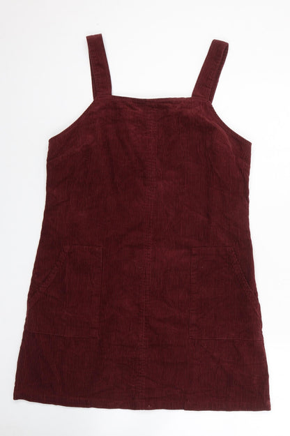 New Look Womens Red Cotton Pinafore/Dungaree Dress Size 12 Square Neck Zip