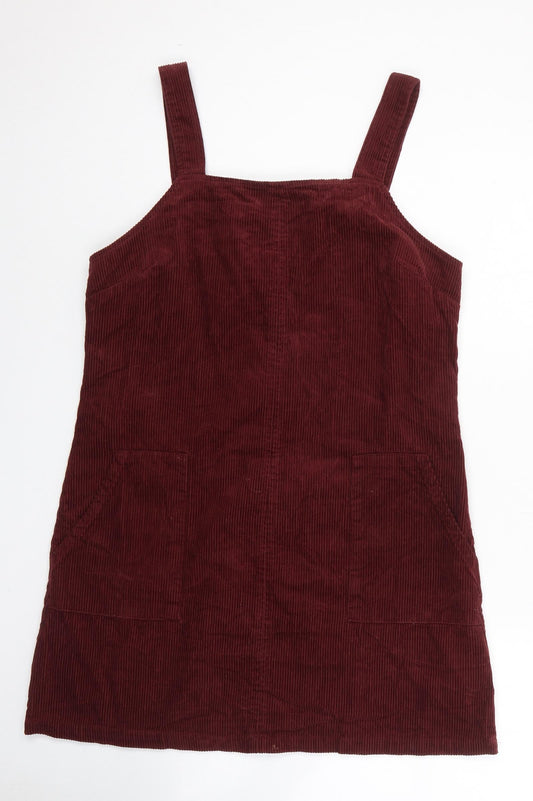 New Look Womens Red Cotton Pinafore/Dungaree Dress Size 12 Square Neck Zip