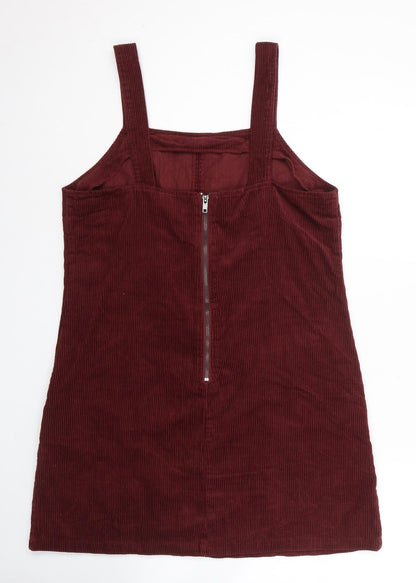 New Look Womens Red Cotton Pinafore/Dungaree Dress Size 12 Square Neck Zip