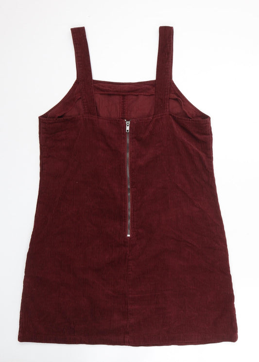 New Look Womens Red Cotton Pinafore/Dungaree Dress Size 12 Square Neck Zip