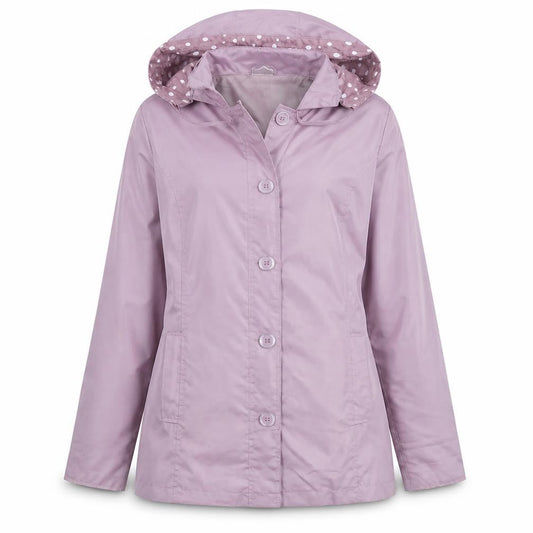 Front view of Anne De Lancay women’s purple rain coat jacket, size UK 14, button