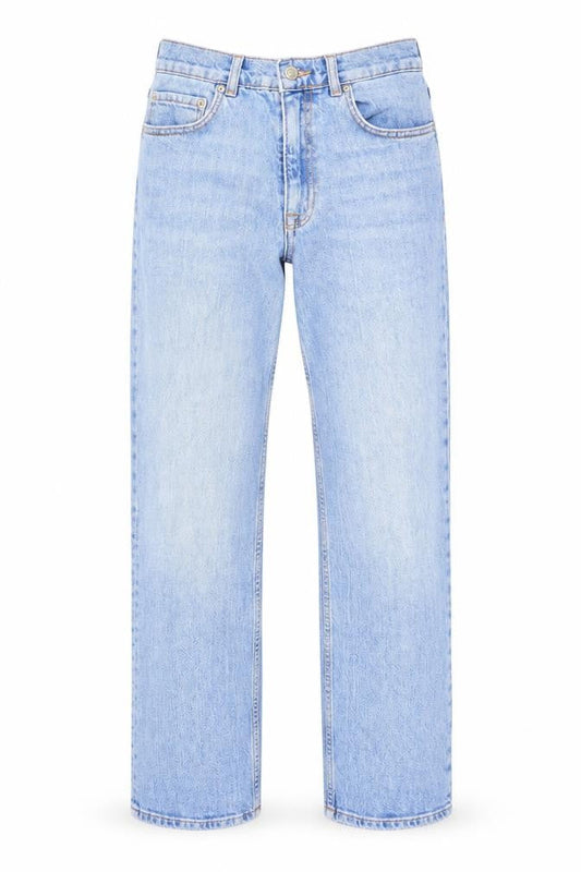 Front view of ASOS women’s blue cotton straight jeans, size UK 28, 26-inch leg regular zip
