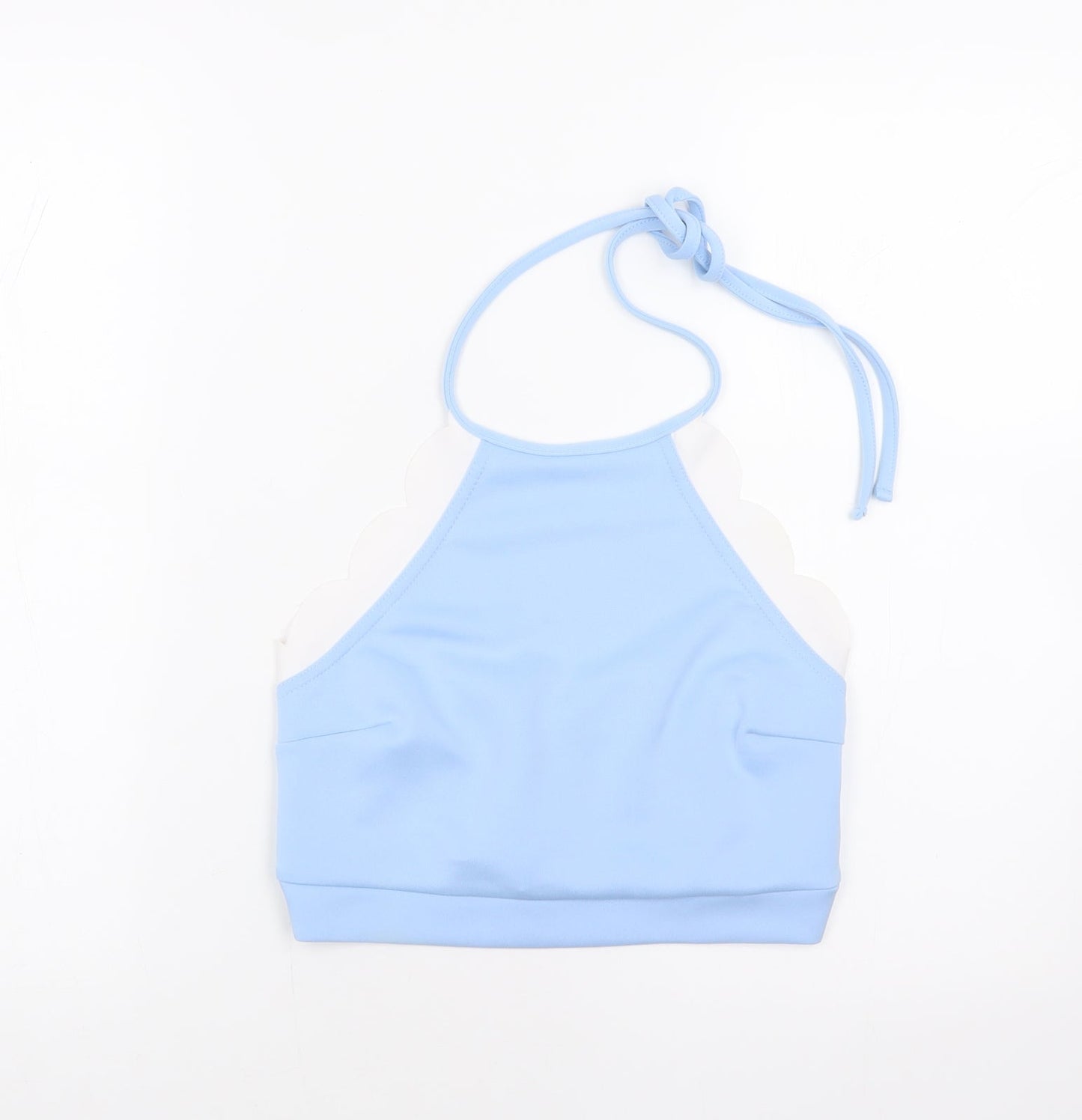 Boohoo Womens Blue Polyester Cropped T-Shirt Size 12 Halter - Scalloped hems
