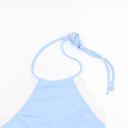 Boohoo Womens Blue Polyester Cropped T-Shirt Size 12 Halter - Scalloped hems