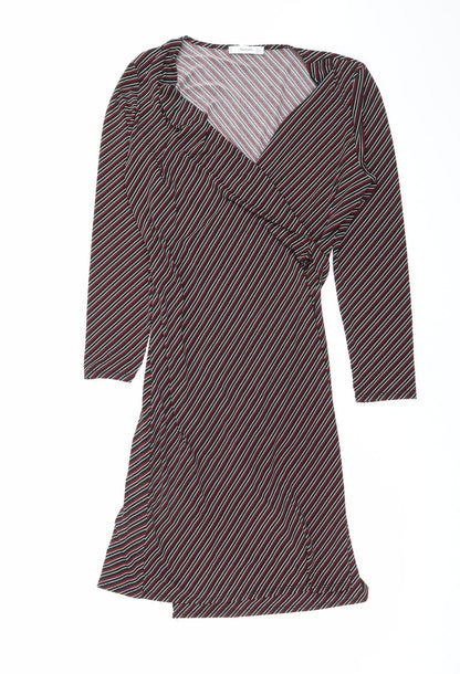 Mango Womens Black Striped Polyester Wrap Dress Size M V-Neck Tie