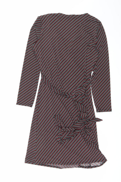 Mango Womens Black Striped Polyester Wrap Dress Size M V-Neck Tie