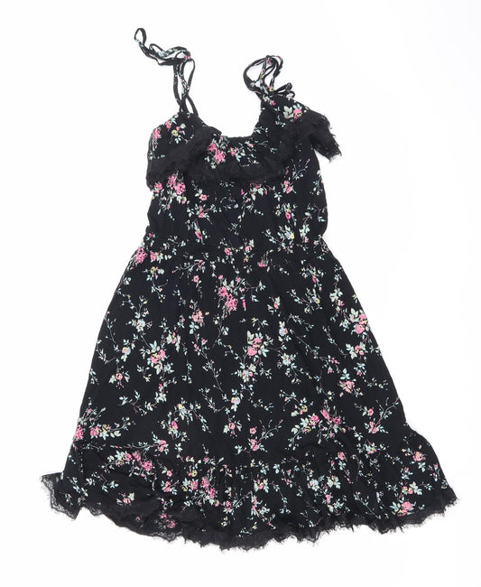 Oasis Womens Black Floral Viscose Mini Size M V-Neck Pullover