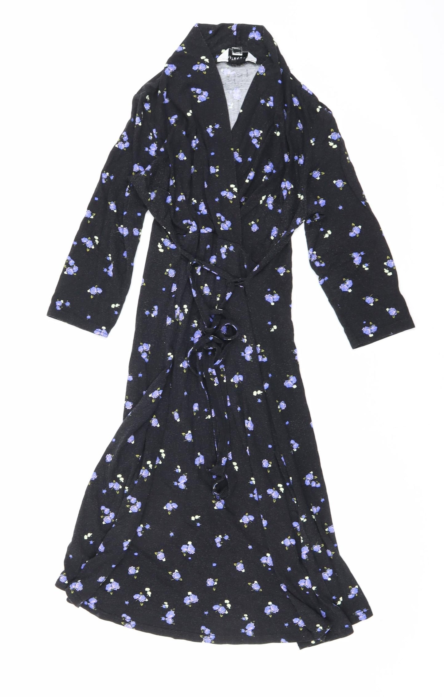 Dorothy Perkins Womens Black Floral Viscose A-Line Size 10 V-Neck Tie