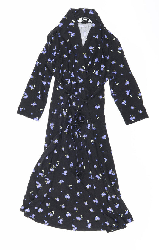 Dorothy Perkins Womens Black Floral Viscose A-Line Size 10 V-Neck Tie