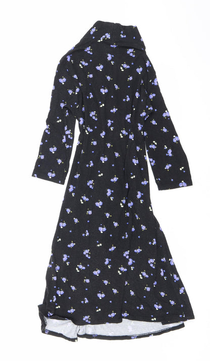 Dorothy Perkins Womens Black Floral Viscose A-Line Size 10 V-Neck Tie