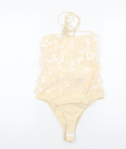 Zara Womens Beige Flecked Polyester Bodysuit One-Piece Size S L10 in Snap
