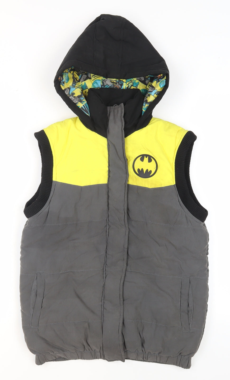 DC Comics Boys Batman Hooded Puffer Gilet in Yellow & Grey Size 13 Years