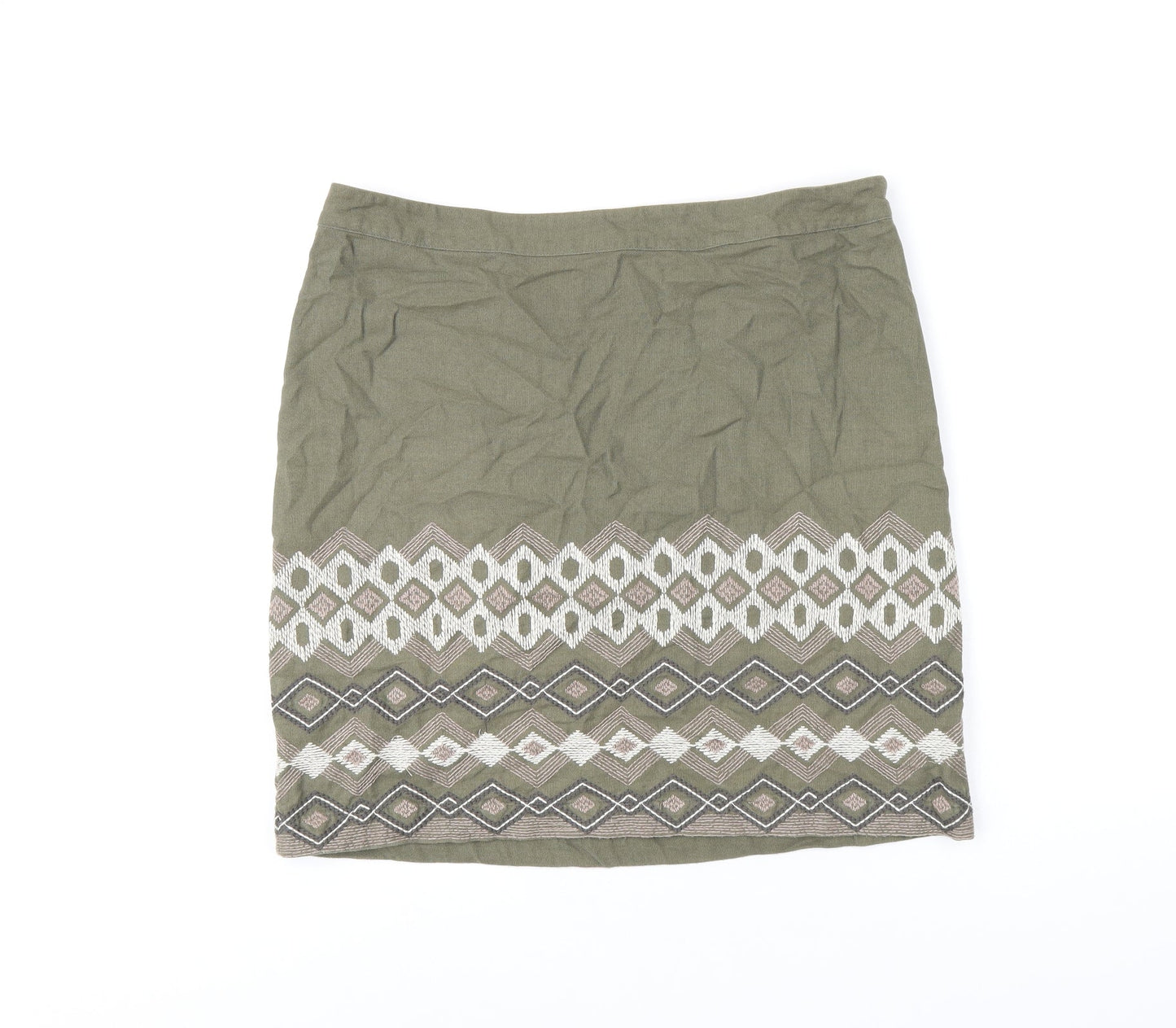 Monsoon Womens Green Geometric Cotton A-Line Skirt Size 14 Zip
