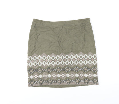 Monsoon Womens Green Geometric Cotton A-Line Skirt Size 14 Zip