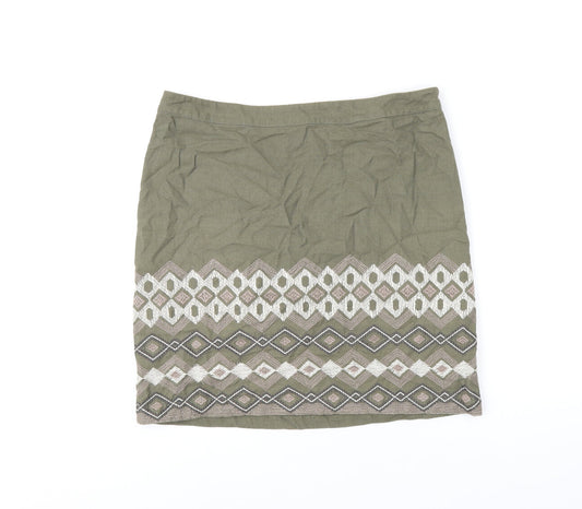 Monsoon Womens Green Geometric Cotton A-Line Skirt Size 14 Zip