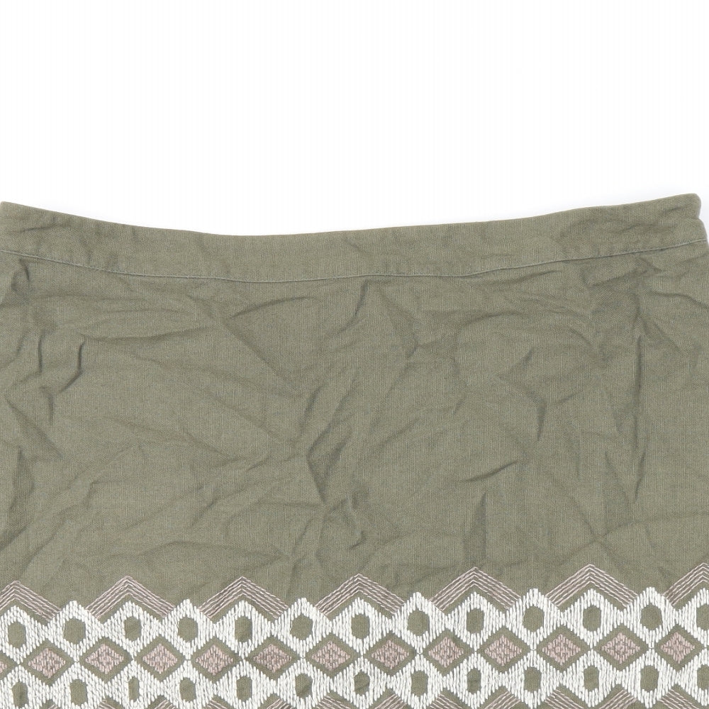 Monsoon Womens Green Geometric Cotton A-Line Skirt Size 14 Zip