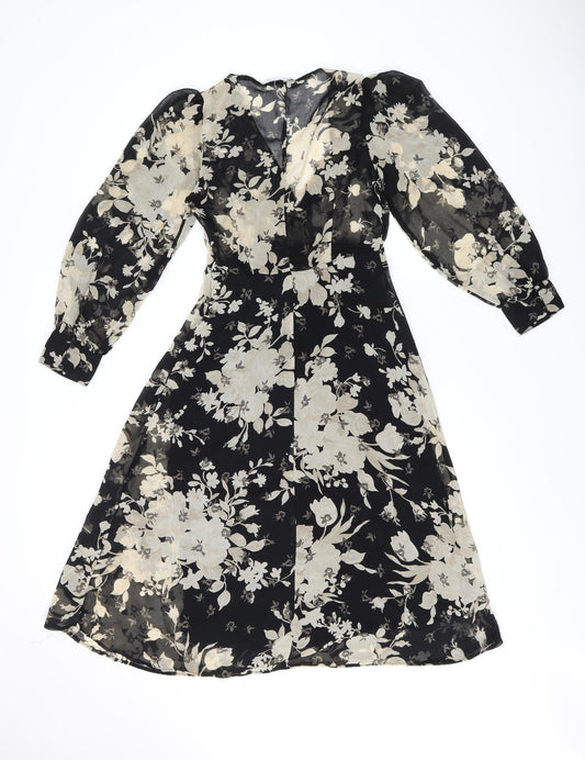 Zara Womens Black Floral Polyester A-Line Size XS V-Neck Zip