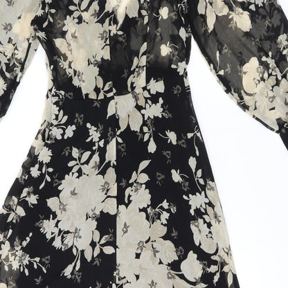 Zara Womens Black Floral Polyester A-Line Size XS V-Neck Zip