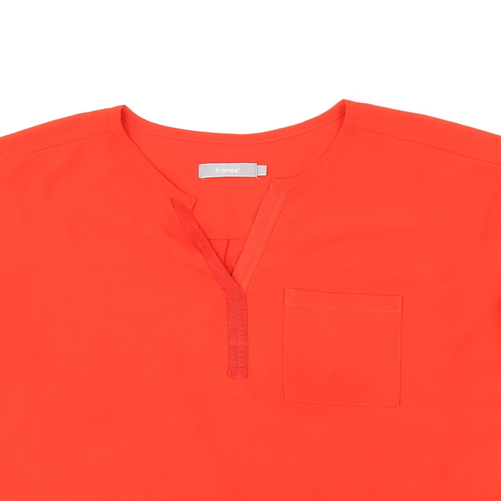 Fransa Womens Red Polyester Basic T-Shirt Size L V-Neck