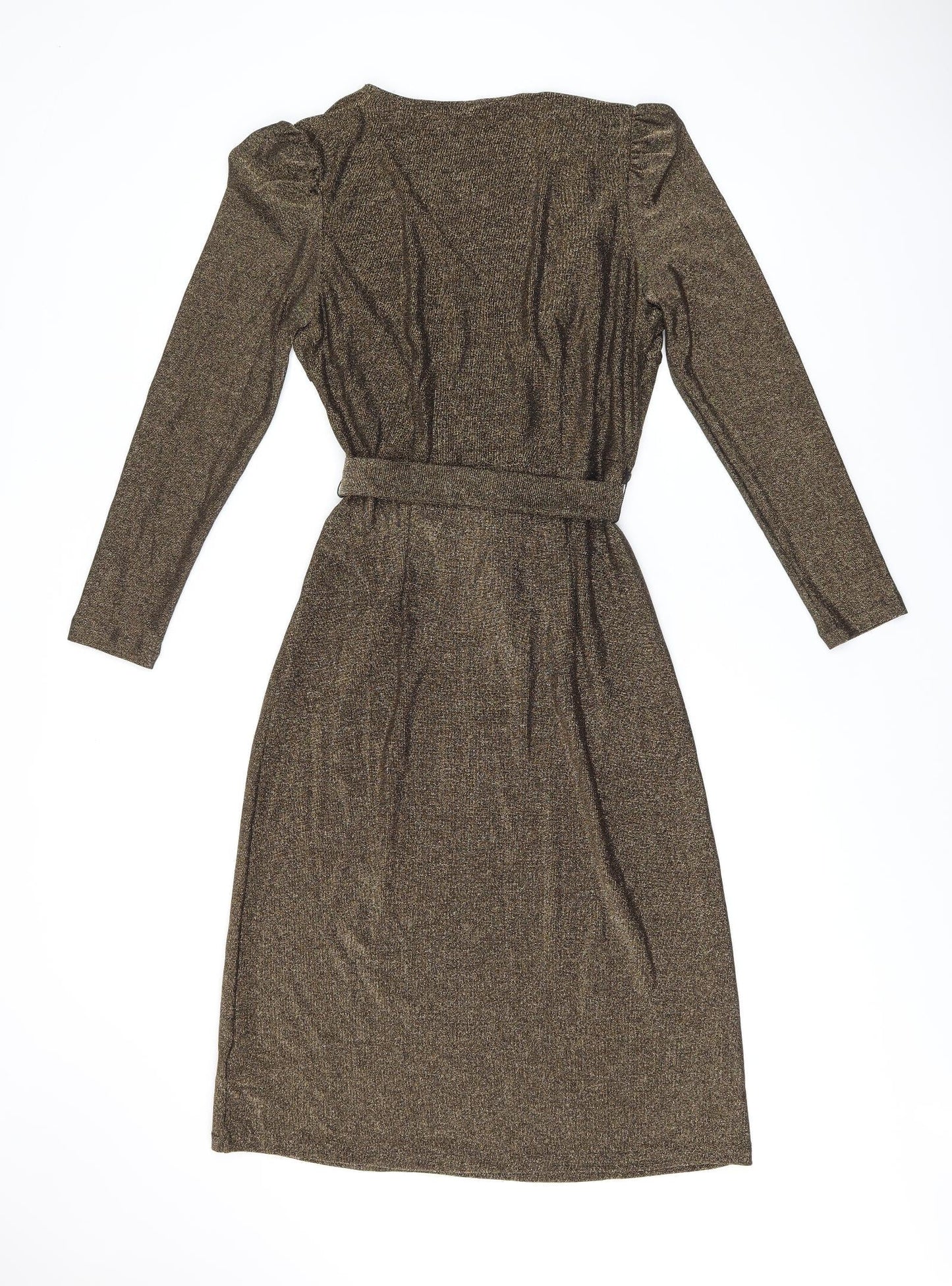 Marks and Spencer Womens Gold Polyamide A-Line Size 10 V-Neck Pullover - Belted
