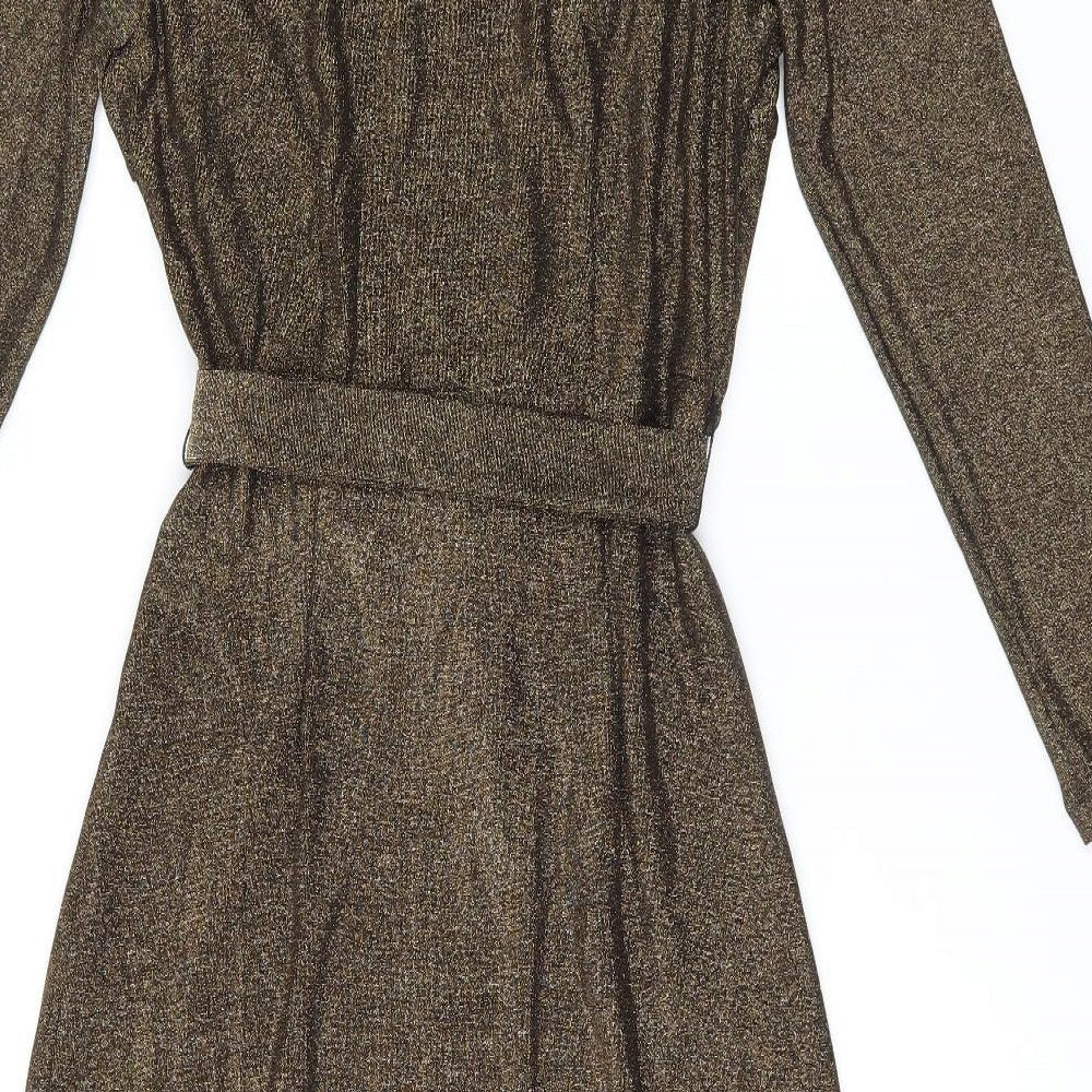 Marks and Spencer Womens Gold Polyamide A-Line Size 10 V-Neck Pullover - Belted