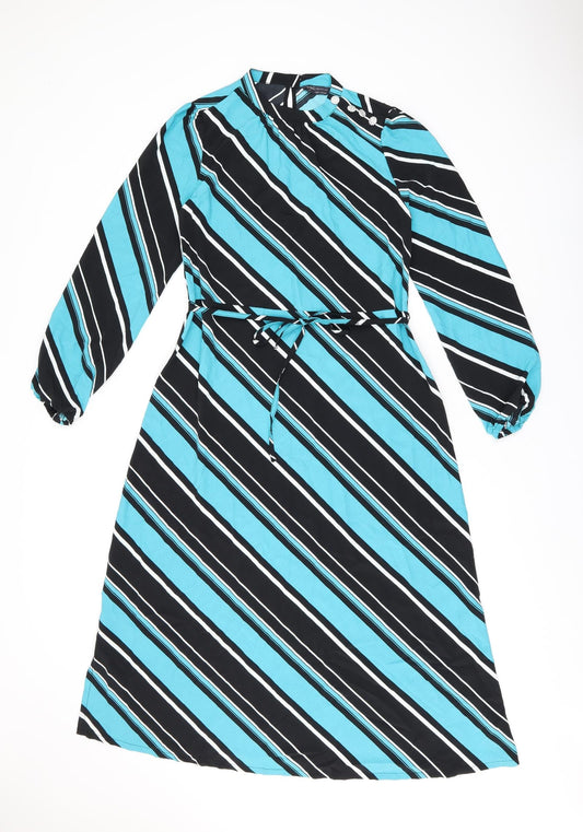 Marks and Spencer Womens Blue Striped Polyester A-Line Size 8 Round Neck Button - Belted