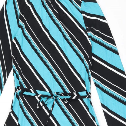 Marks and Spencer Womens Blue Striped Polyester A-Line Size 8 Round Neck Button - Belted
