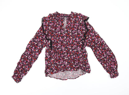 Marks and Spencer Womens Black Floral Viscose Basic T-Shirt Size 6 V-Neck
