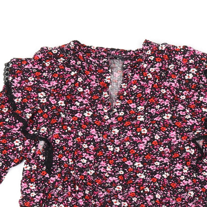 Marks and Spencer Womens Black Floral Viscose Basic T-Shirt Size 6 V-Neck