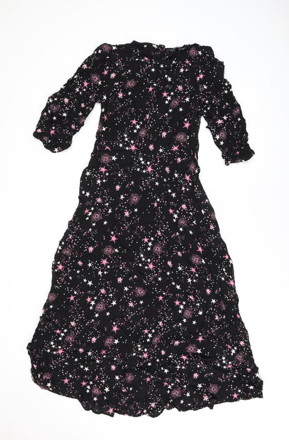 Marks and Spencer Womens Black Geometric Viscose A-Line Size 8 Round Neck Zip