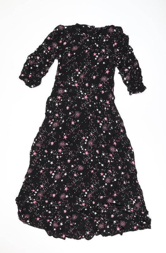 Marks and Spencer Womens Black Geometric Viscose A-Line Size 8 Round Neck Zip