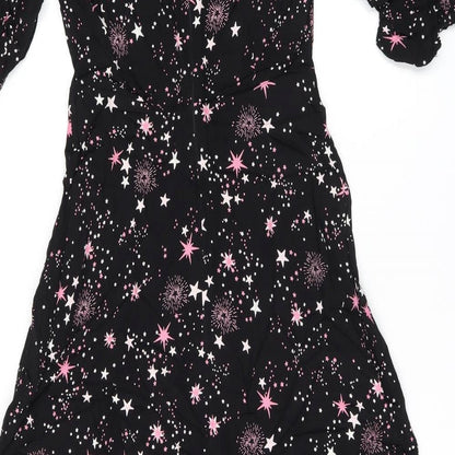 Marks and Spencer Womens Black Geometric Viscose A-Line Size 8 Round Neck Zip