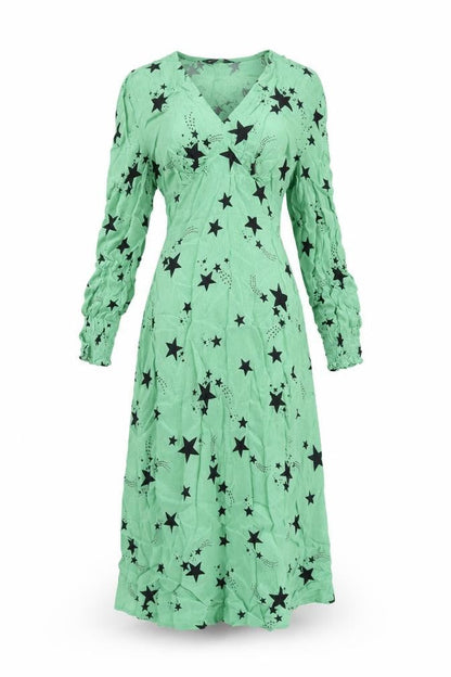 Marks and Spencer Womens Green Geometric Viscose A-Line Size 6 V-Neck Zip - Star Print